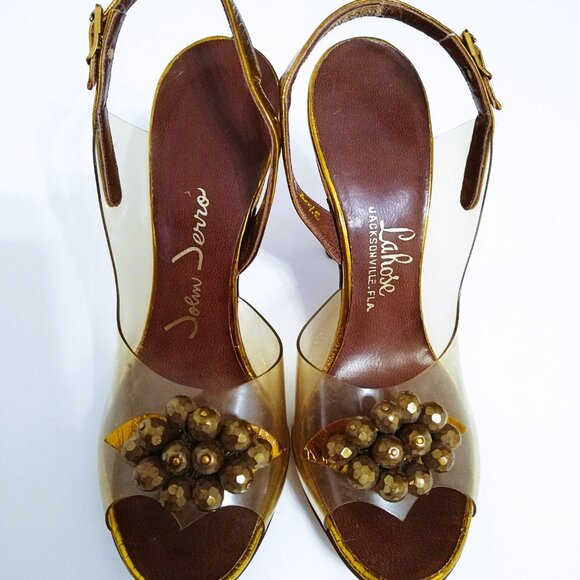 1950s Vintage Leather Sling Back Open Toe Clear Vinyl High Heels - Picture 1 of 6